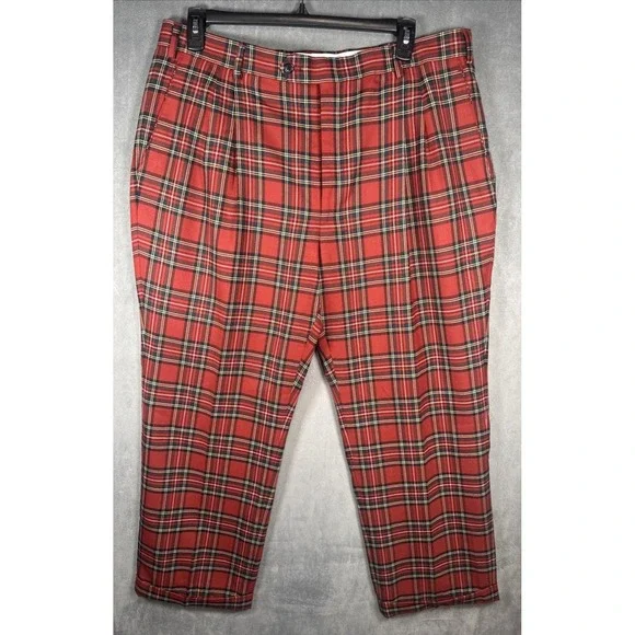 Paul Fredrick Vintage Red Tartan Plaid Wool Pants 40x30 Pleated Cuffed 80s - Picture 1 of 10